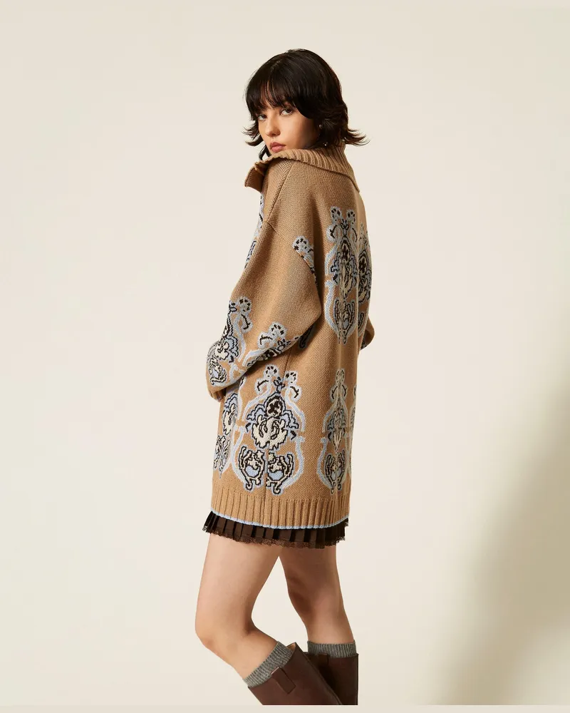 Twin-Set Jacquard-Cardigan aus Wollmischgarn, Damen, Jacquard Helles "Tobacco Brown Jacquard