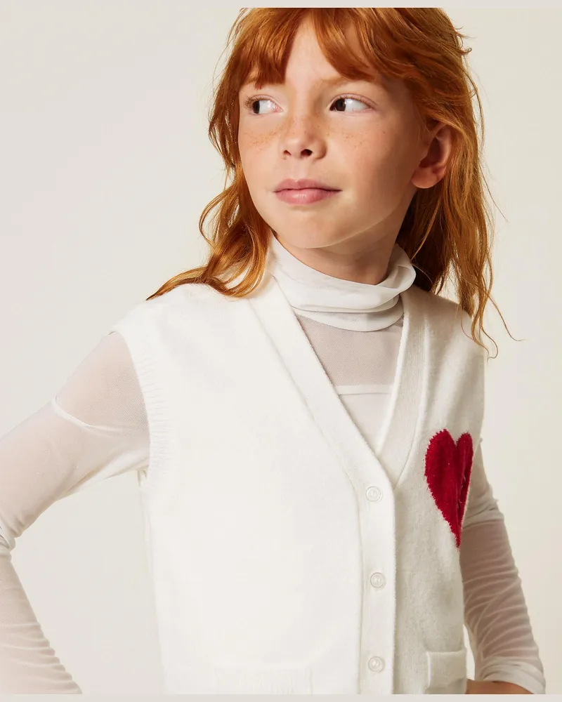 Twin-Set Strickweste mit Herz und Logo, Damen, "Schneeweiß" / "Magentarot" Heart Schneeweiß