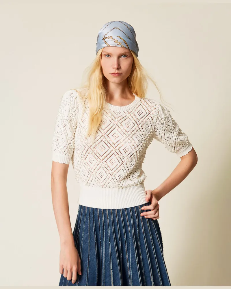 Twin-Set Pullover mit Rauten und Perlen, Perlmutt, Mit Perlen, Größe Perlmutt