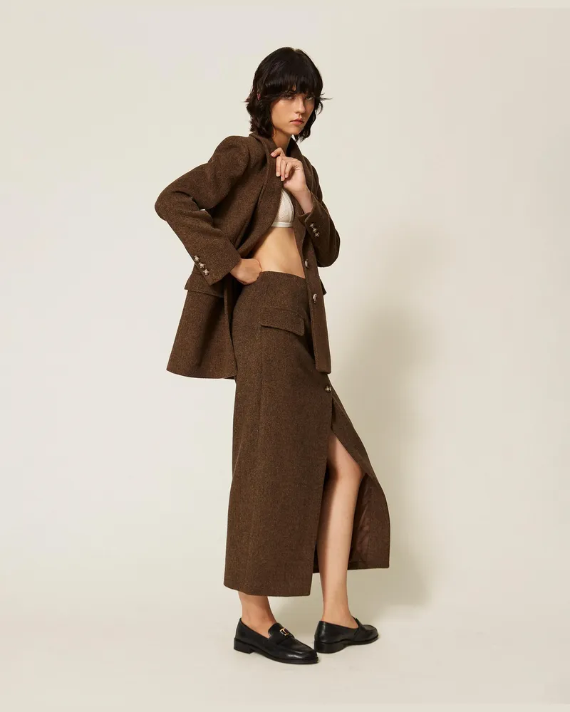 Twin-Set Langer Rock aus Velourstuch, Damen, Mocha Melange Mocha