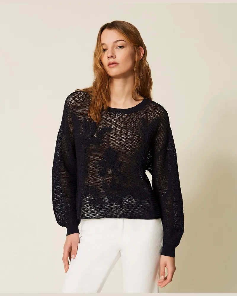 Twin-Set Handbestickter Netzpullover Nachtblau