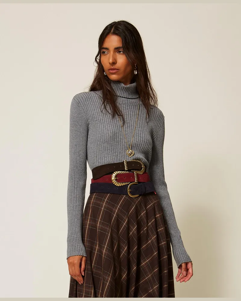 Twin-Set Figurbetonter Rollkragenpullover, Damen, Mittelgrau-Melange Mittelgrau-melange