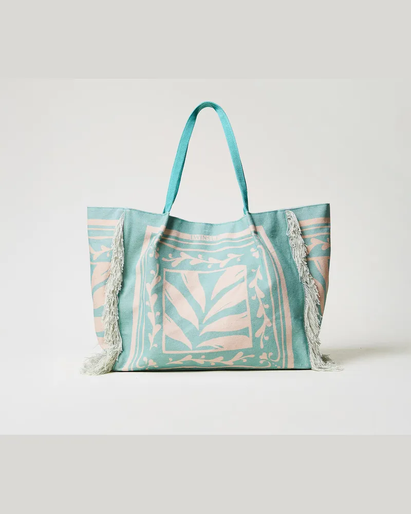 Twin-Set Bademode - Shopper aus bedrucktem Canvas, Foulard-Print Green Marine / Almond Beige, Fransen, Einheitsgröße 