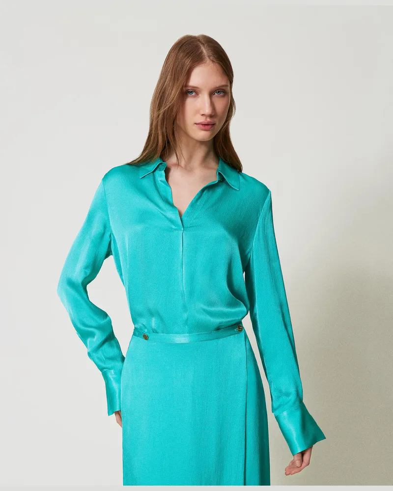 Twin-Set Blusen - Bluse aus Satin mit Hemdkragen, Emerald Sea, Größe Emerald