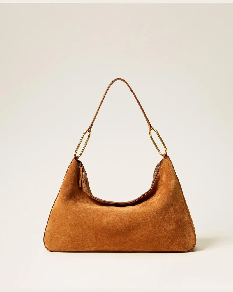 Twin-Set Taschen - Große Tasche „Liliane" aus Veloursleder mit Ringen, „Bubinga Wood"-Braun, Einheitsgröße 