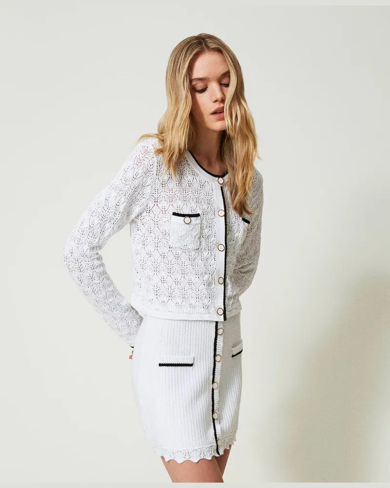 Twin-Set Bademode - Gerippter Minirock mit Knöpfen, Zweifarbig Star White / Schwarz, Baumwolle, Größe: L 