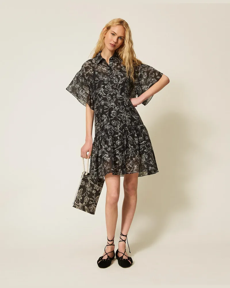 Twin-Set Kleider - Kurzes Hemdblusenkleid mit Blumendessin, Print Toile De Jouy Schwarz/Vanilleweiß, Größe Print