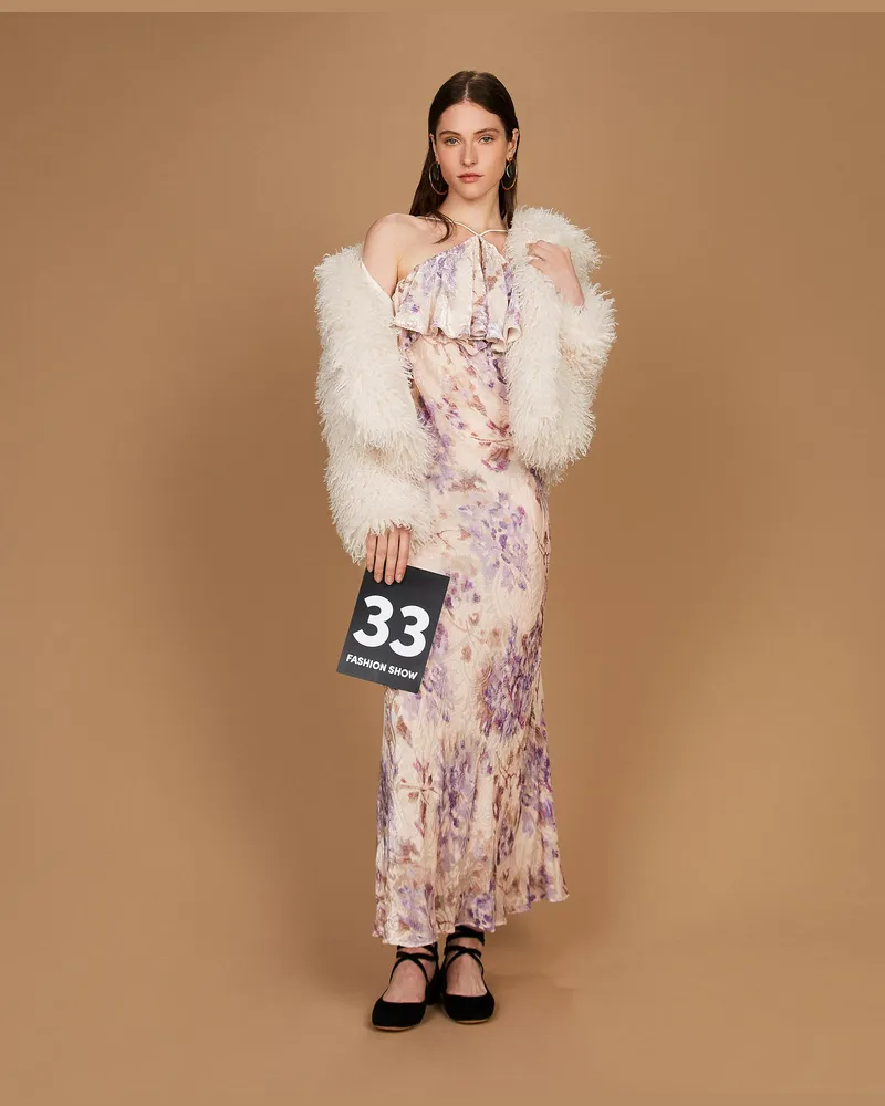 Twin-Set Samtkleid aus Seidenmischung mit floralem Dessin, Damen, Blumenprint Schneeweiß/ Lila Blumenprint