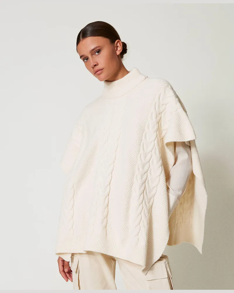 Twin-Set Jacken und Outerwear - Strickponcho mit Zopfmuster, Weiß Antique White, Einheitsgröße Weiß