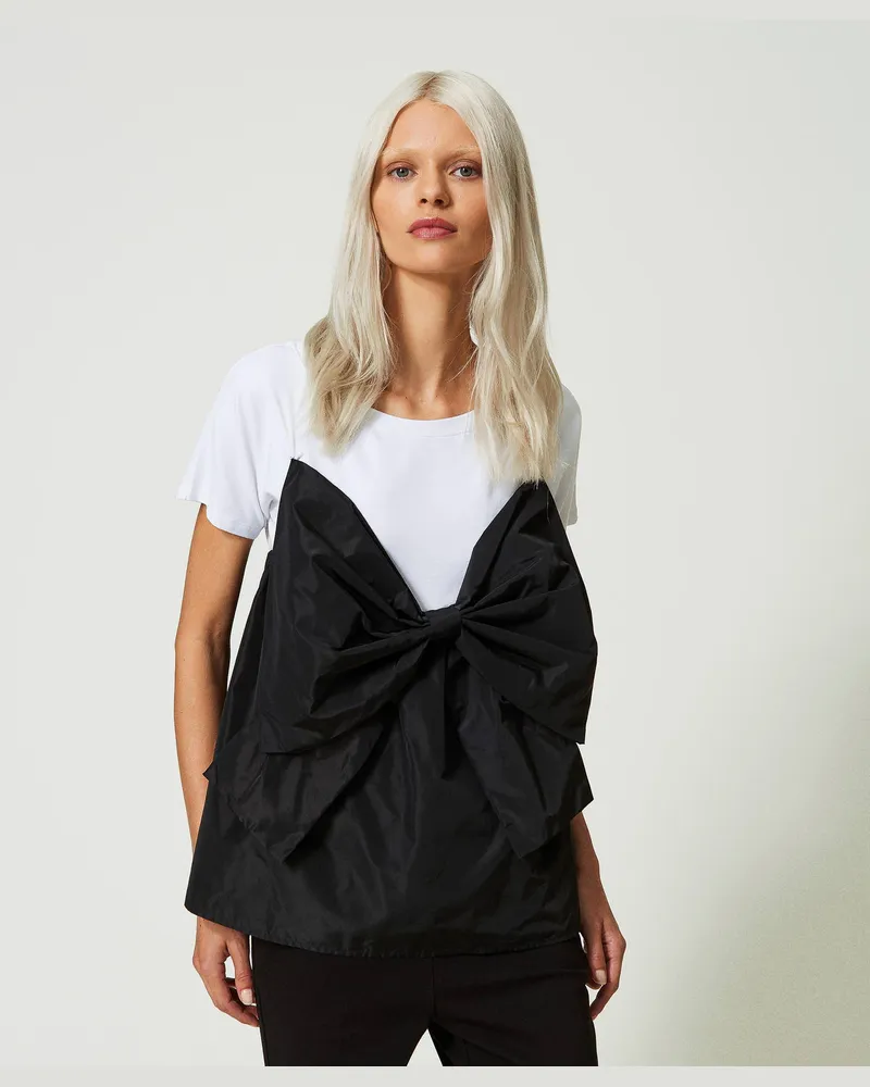 Actitude by Twinset T-Shirts - T-Shirt mit Taftschleife, Zweifarbig Papyrusweiß / Schwarz, Baumwolle, Größe: XXS 