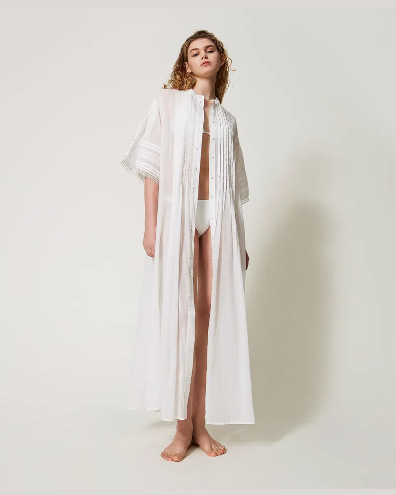Twin-Set Bademode - Langer Kaftan aus Musselin mit Spitze, Sugar Weiß, Größe: XS 