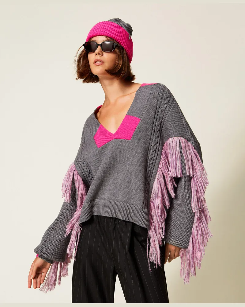 Actitude by Twinset Pullover MYFO mit Fransen und Zöpfen, Zweifarbig Mittelgrau-Melange / Neonrosa, Größe Zweifarbig