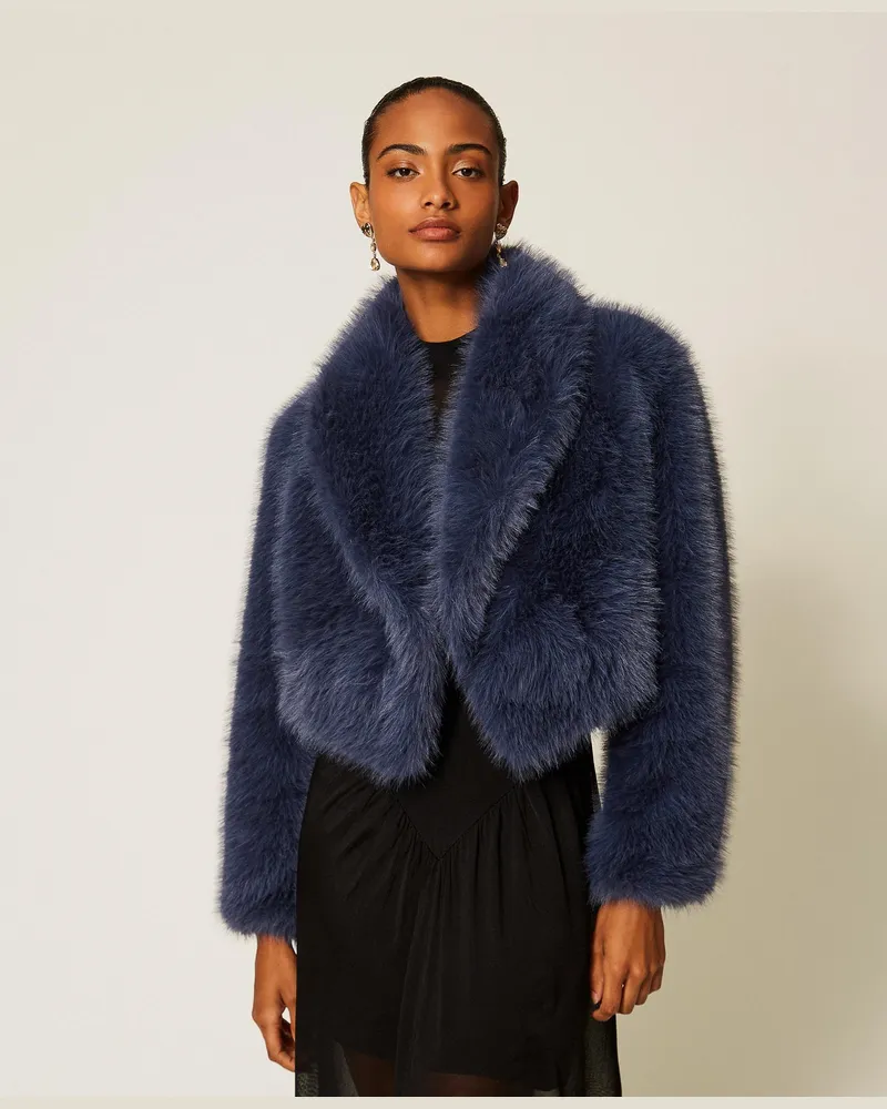 Twin-Set Kurzjacke aus Kunstpelz, Damen, Indigoblau Indigoblau