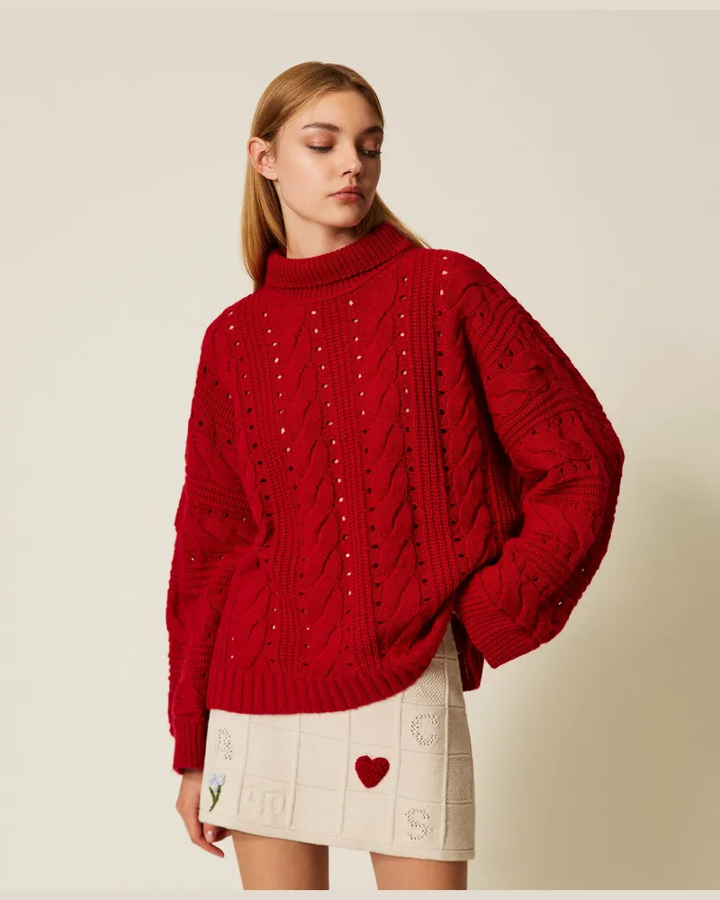 Twin-Set Longpullover aus Wollmischung mit Zöpfen, Venedigrot, Wolle, Größe Venedigrot