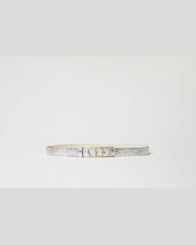 Twin-Set Accessoires - Gürtel aus Craquelé-Leder mit „Oval T"-Schnalle, Silber, Größe Silber