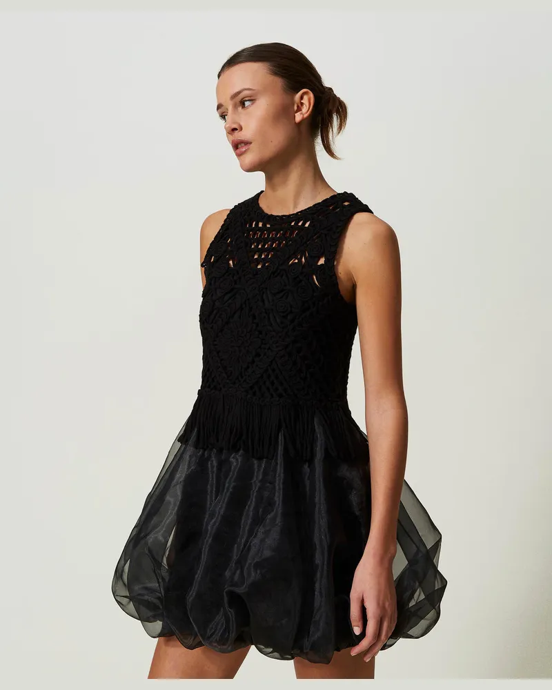 Actitude by Twinset Kleider - Kurzes Kleid aus besticktem Gestrick und Organza, Schwarz, Größe Schwarz