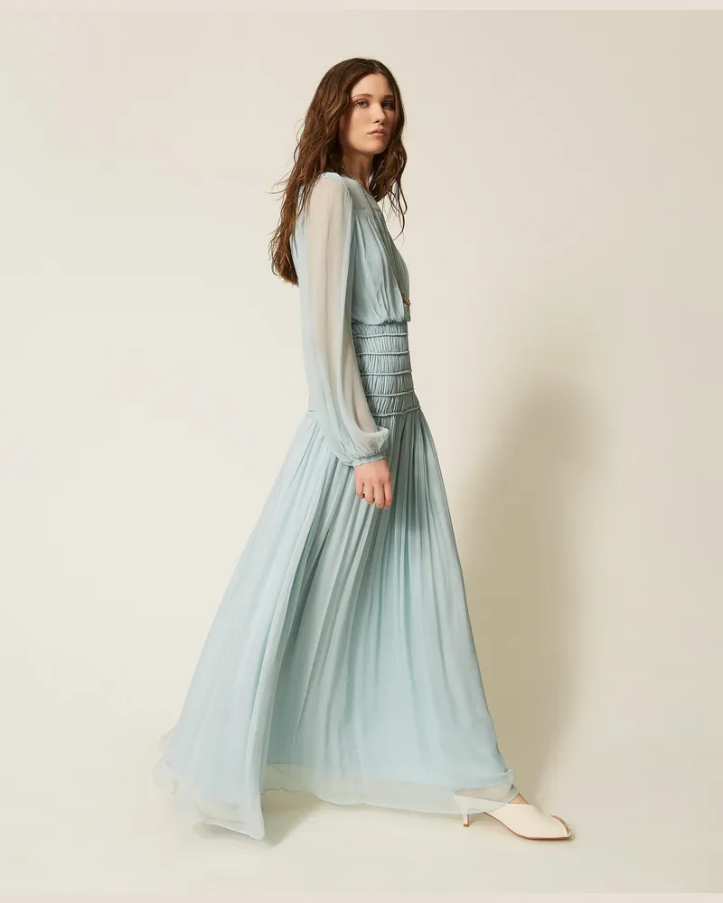 Twin-Set Kleider - Langes Kleid aus Krepon, "Dusty Sky"-Hellblau, Größe Dusty