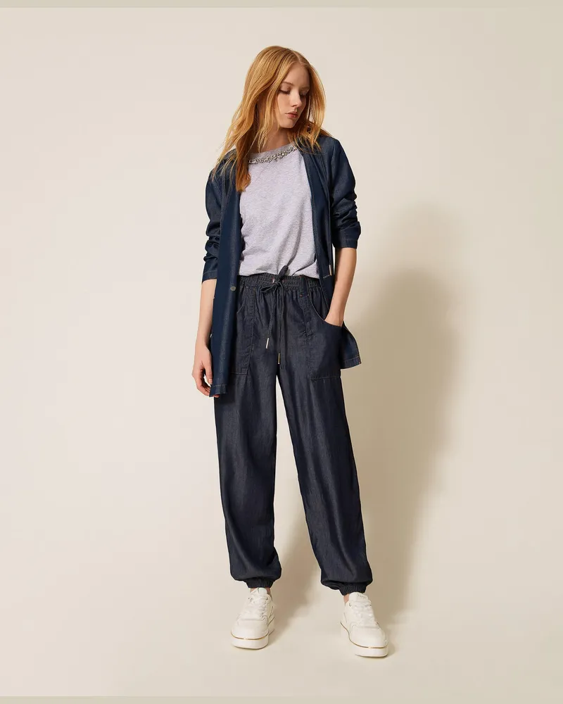 Twin-Set Jeans - Joggers aus Chambray, Dunkler Denim, Größe Dunkler