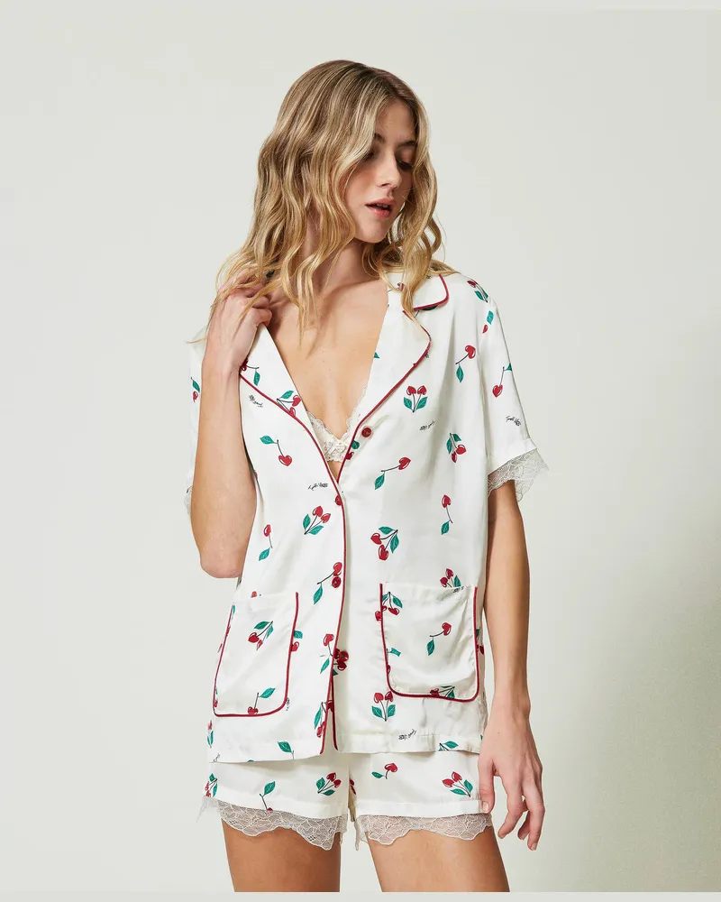 Twin-Set Unterwäsche - Kasack aus Satin mit Kirschprint, Print Cherry / Antique White, Größe: L 