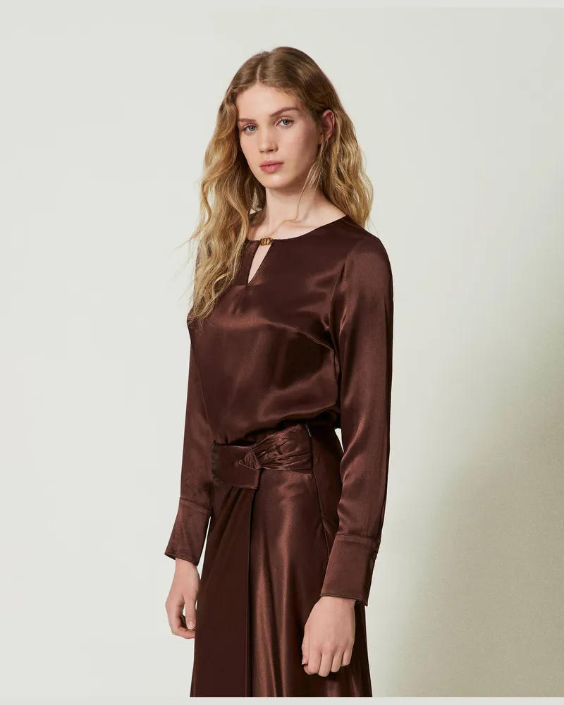 Twin-Set Blusen - Satinbluse mit Oval T, Schokolade, Größe Schokolade