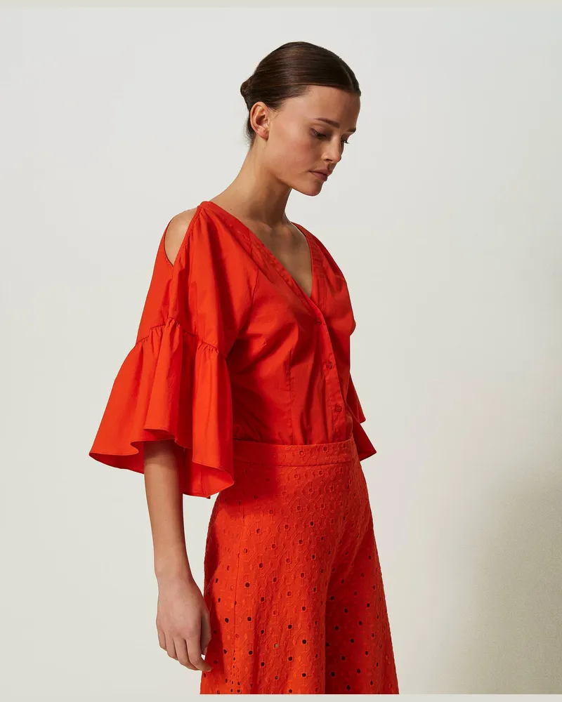 Actitude by Twinset Hemden - Popelinehemd mit Volants, „Scarlet Ibis"-Rot, Baumwolle, Größe „scarlet