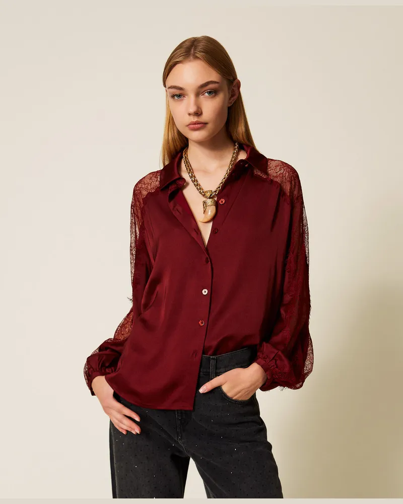 Twin-Set Hemden - Hemdbluse aus Satin mit Spitze, Red Wine, Größe Red