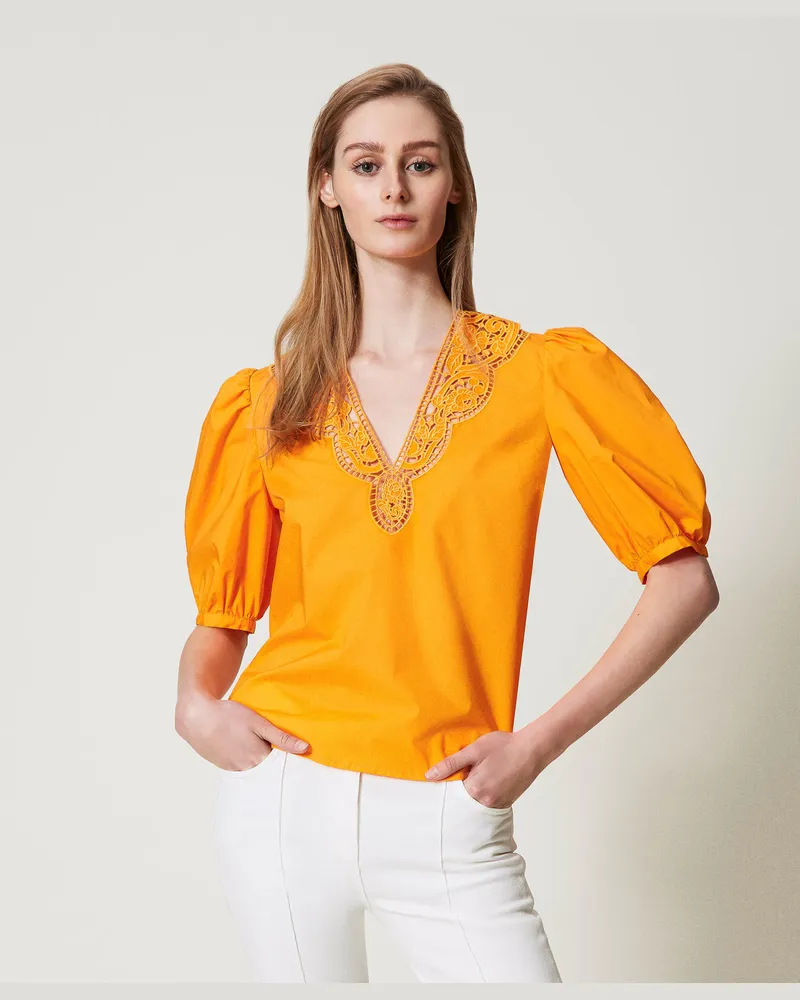 Twin-Set Blusen - Bluse aus Popeline mit Lochstickereien, "Yellow Marigold"-Orange, Baumwolle, Größe Yellow