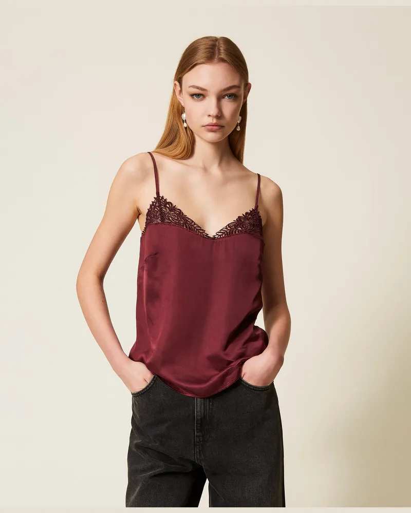 Twin-Set Tops - Top aus Satin mit Spitze, "Winetasting"-Violett, Größe: 46 