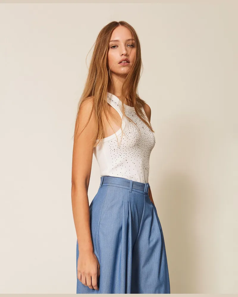 Actitude by Twinset Tops - Geripptes Top mit Stickerei, Mattweiß, Strass, Größe Mattweiß