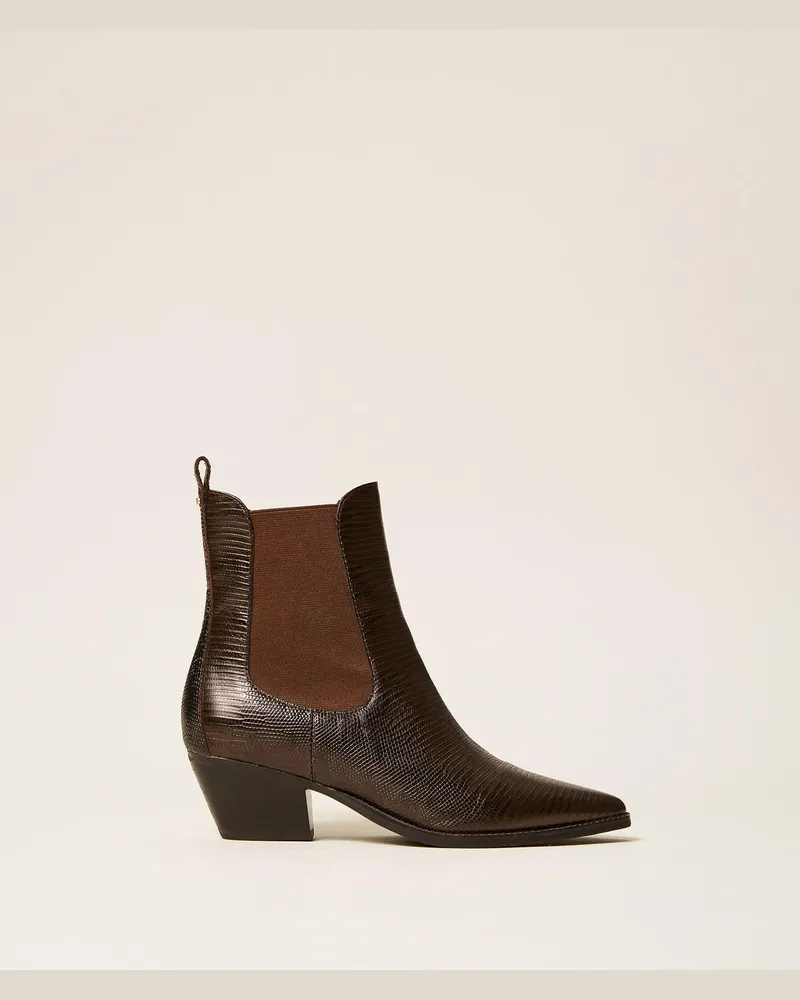 Twin-Set Cowboy-Stiefelette aus Leder mit Gummizug Karung-print
