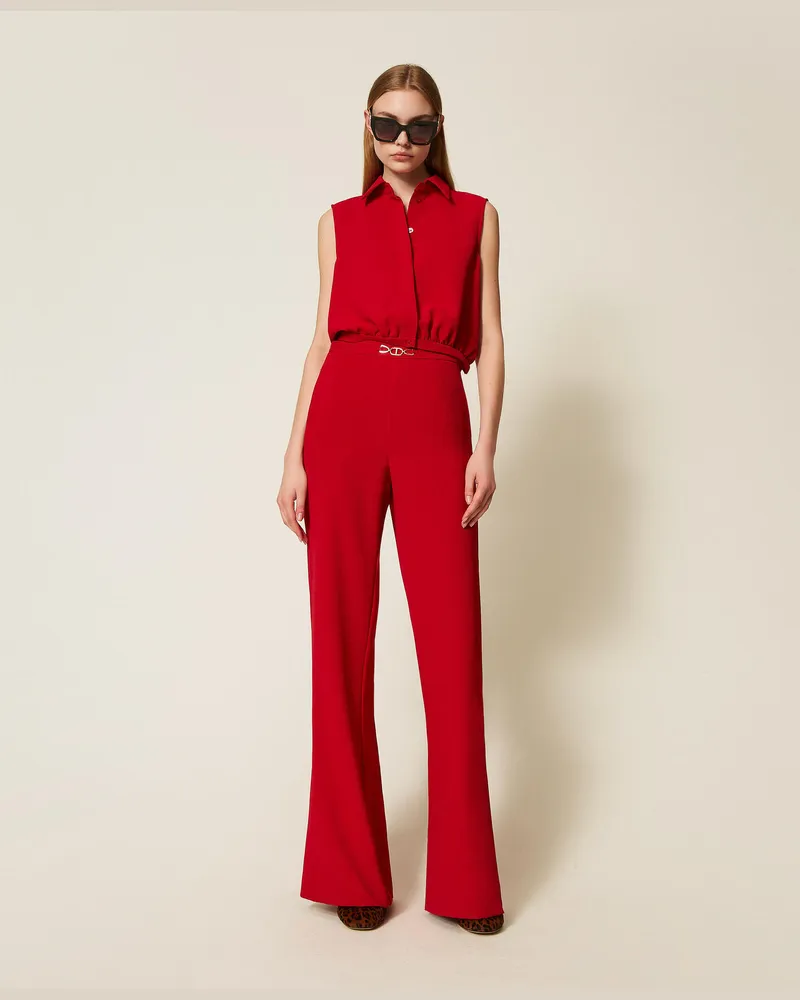 Twin-Set Kleider - Bluse und Hose aus Crêpe-Cady mit Oval T, Venedigrot, Größe Venedigrot