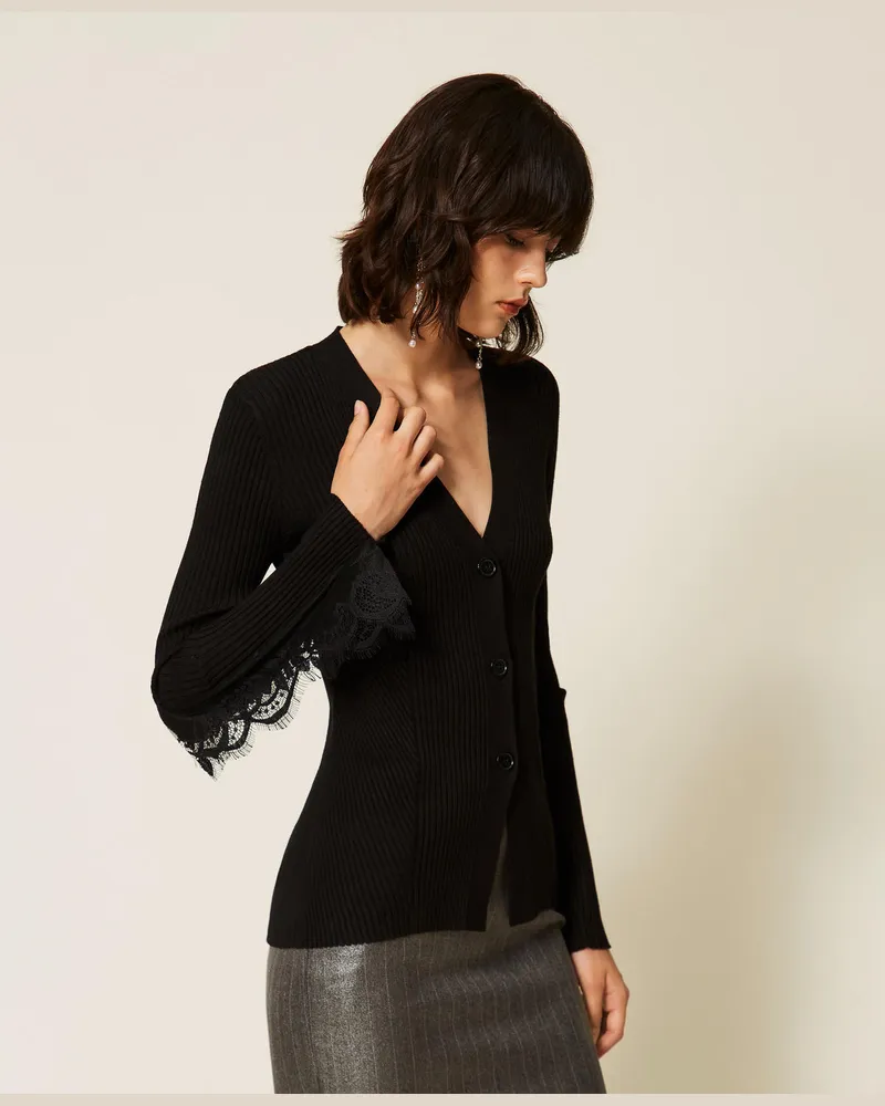 Actitude by Twinset Figurbetonter Strickcardigan mit Spitze Schwarz