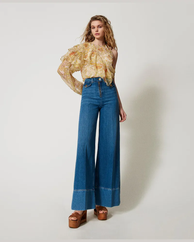 Twin-Set Wide-Leg-Jeans „Capraia" mit kontrastfarbiger Unterpartie, Zweifarbig Blue Denim / Sky Blue, Größe Zweifarbig