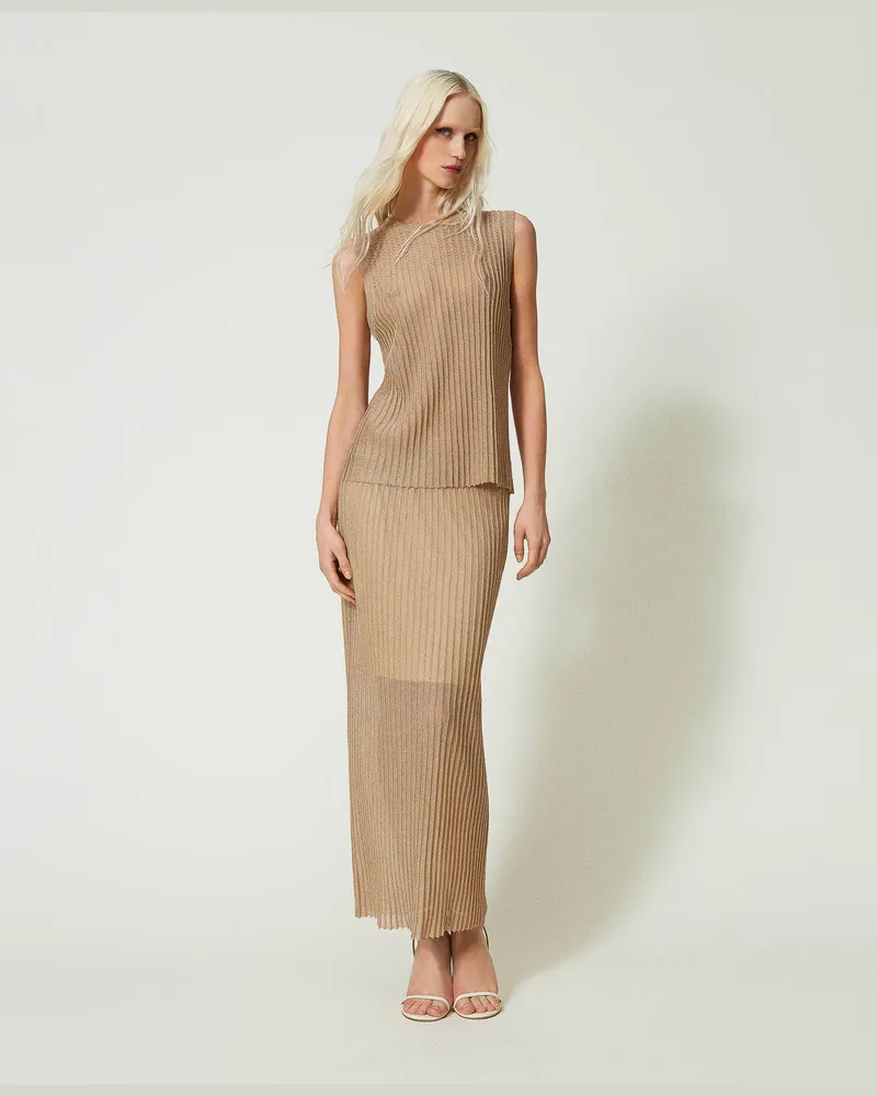 Twin-Set Bademode - Lurex-Strickrock in Midilänge, Nougat Beige, Größe: M 