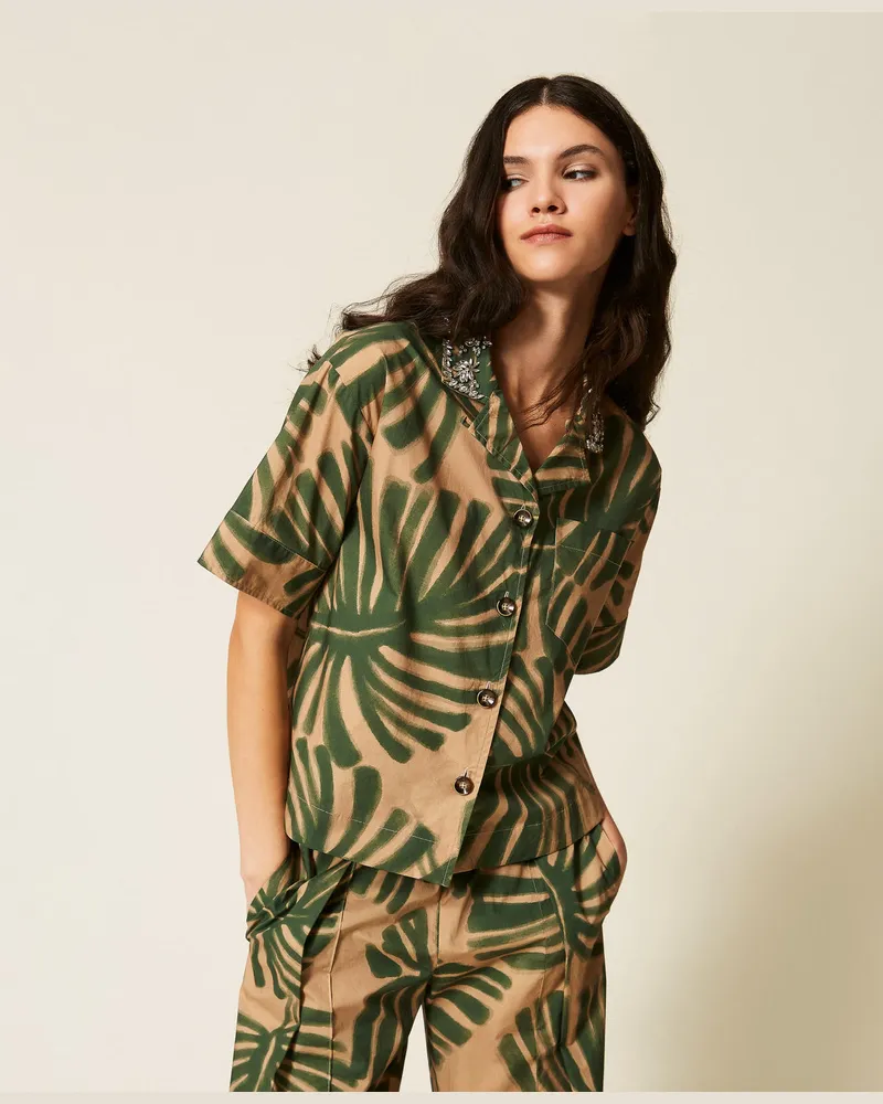 Twin-Set Hemden - Hemdbluse aus Popeline mit Print und Stickerei, Jungle-Print, Baumwolle, Größe Jungle-print