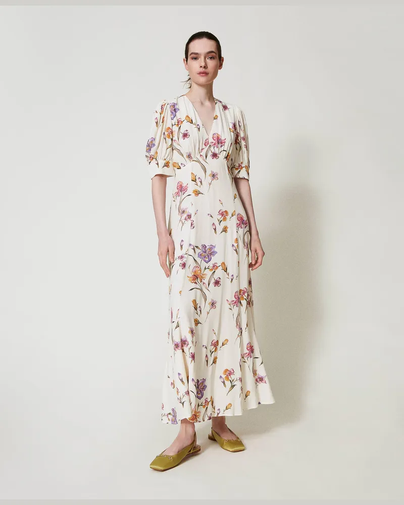 Twin-Set Kleider - Maxikleid aus Crêpe de Chine mit Blumendessin, Print Iris Multicolor / Perlmutt, Größe Print