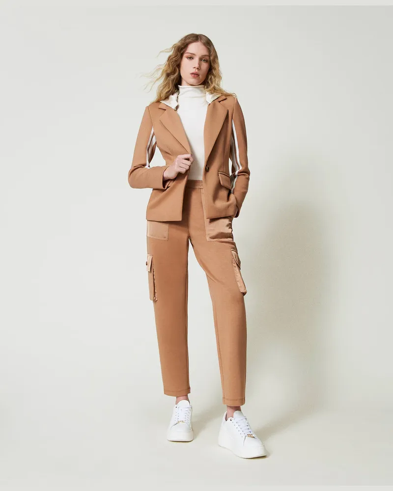 Twin-Set Hosen - Cargohose aus Scuba und Satin, Kamel-Karamell, Größe Kamel-karamell