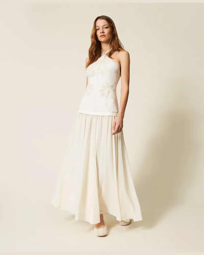 Twin-Set Kleider - Langes Kleid aus Leinenmischung und Georgette, Zweifarbig Vanilleweiß/Fog, Größe Zweifarbig