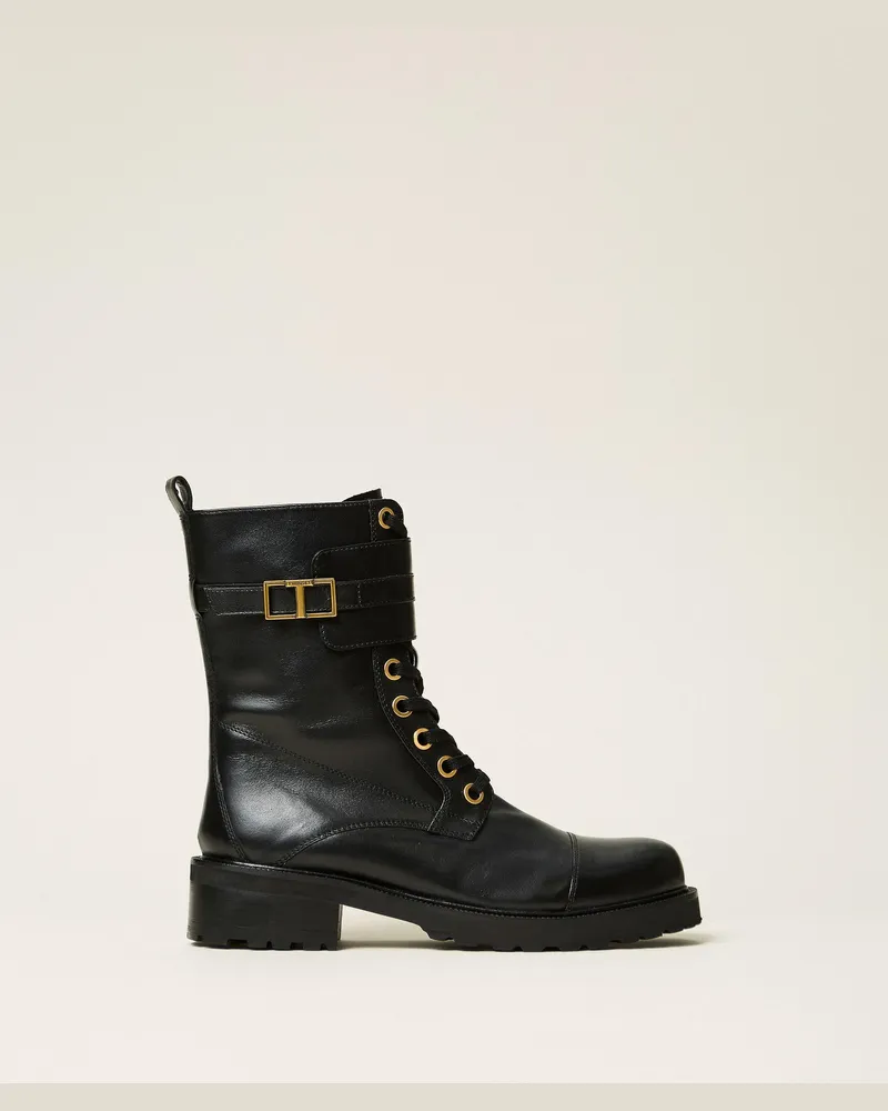 Twin-Set Schnürstiefelette aus Leder mit Logo, Damen, Schwarz Schwarz