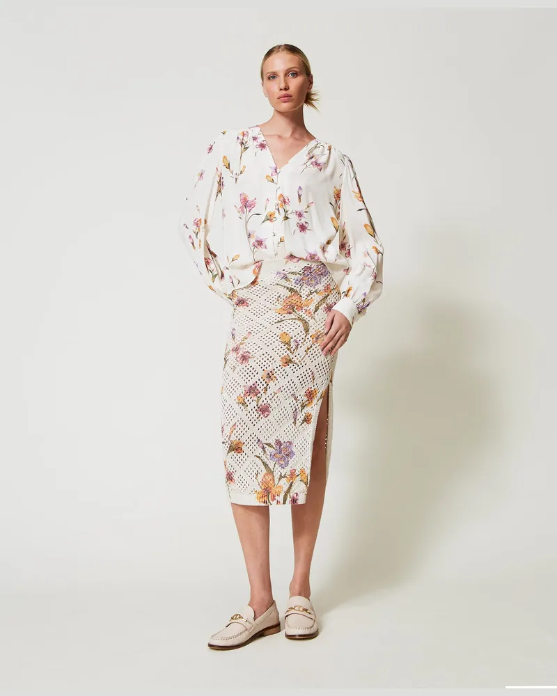 Twin-Set Röcke - Netzrock mit Blumenprint, Print Iris Multicolor / Perlmutt, Größe: XXL 