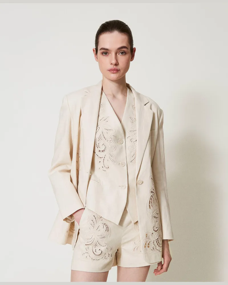 Twin-Set Hosen - Shorts aus Leinenmischung mit Stickerei, Perlmutt, Größe Perlmutt