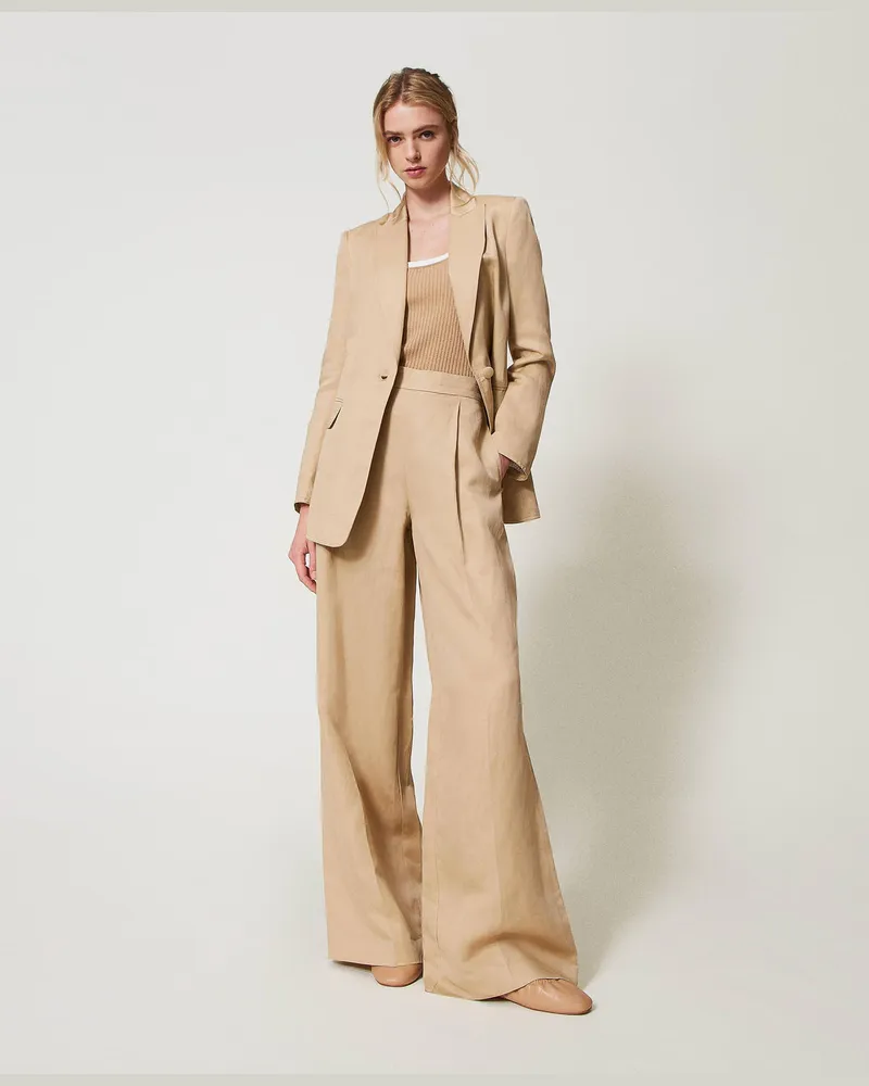 Twin-Set Hosen - Palazzohose aus Leinenmischung, "Rope"-Beige, Größe Rope-beige
