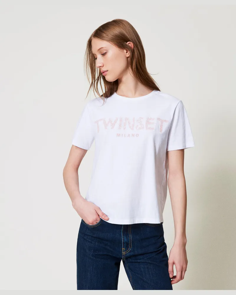 Twin-Set T-Shirts - T-Shirt mit aufgesticktem „Oval T"-Logo, Blütenknospen-Stickerei, Baumwolle, Größe Blütenknospen-stickerei