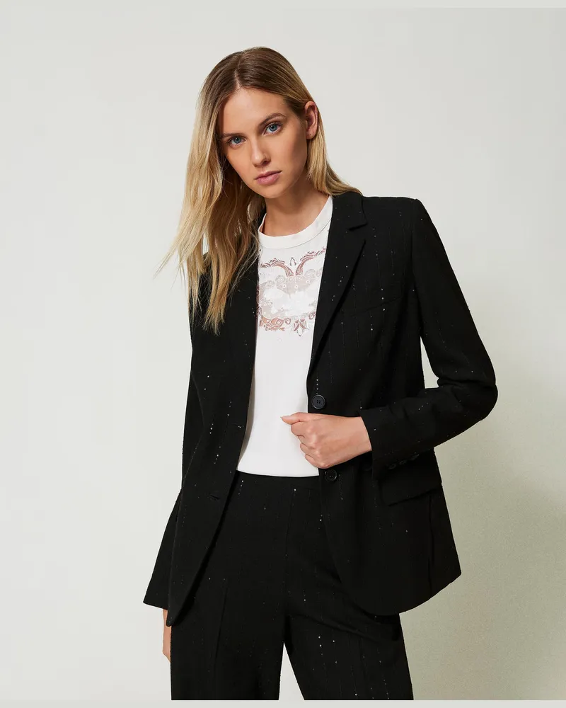 Twin-Set Jacken und Outerwear - Blazer aus Tuch mit Pailletten, Schwarz, Gestreift, Größe Schwarz