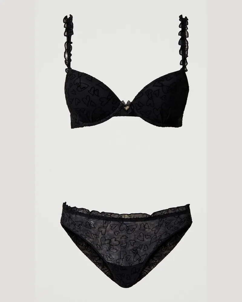 Twin-Set Unterwäsche - Push-up-BH und Brazilian-Slip aus Tüll, Schwarz, Mit Herzen, Größe: 3-D 