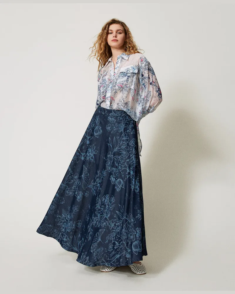 Actitude by Twinset Röcke - MYFO Maxirock aus Jeans mit Blumenmotiv, Denim Toile De Jouy, Größe: XXS 