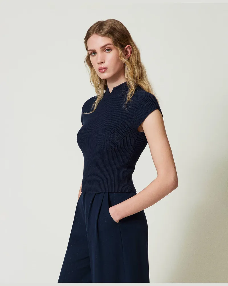 Twin-Set Figurbetonter Pullover mit dekorativem Rippenmuster, Indigo, Größe: XXL 
