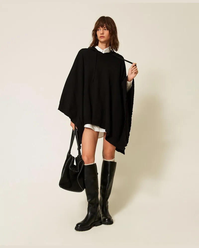 Twin-Set Strickponcho mit Logo Schwarz