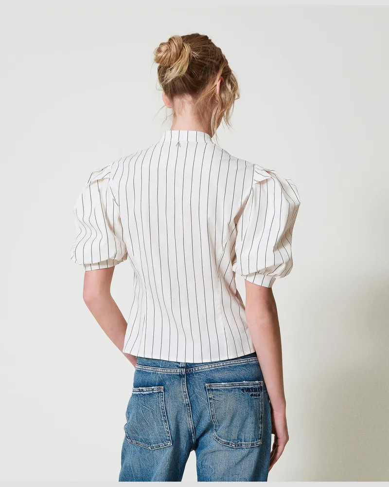Actitude by Twinset Hemden - Hemd aus Popeline mit Makramee, "Angora"-Beige / Schwarz Stripes, Gestreift, Größe Angora-beige