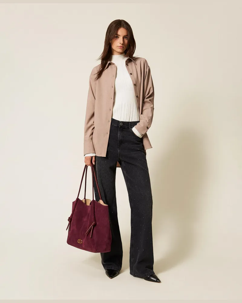 Twin-Set Hemden - Oversized-Hemdbluse mit Schlitzen, Taubenbraun, Größe Taubenbraun